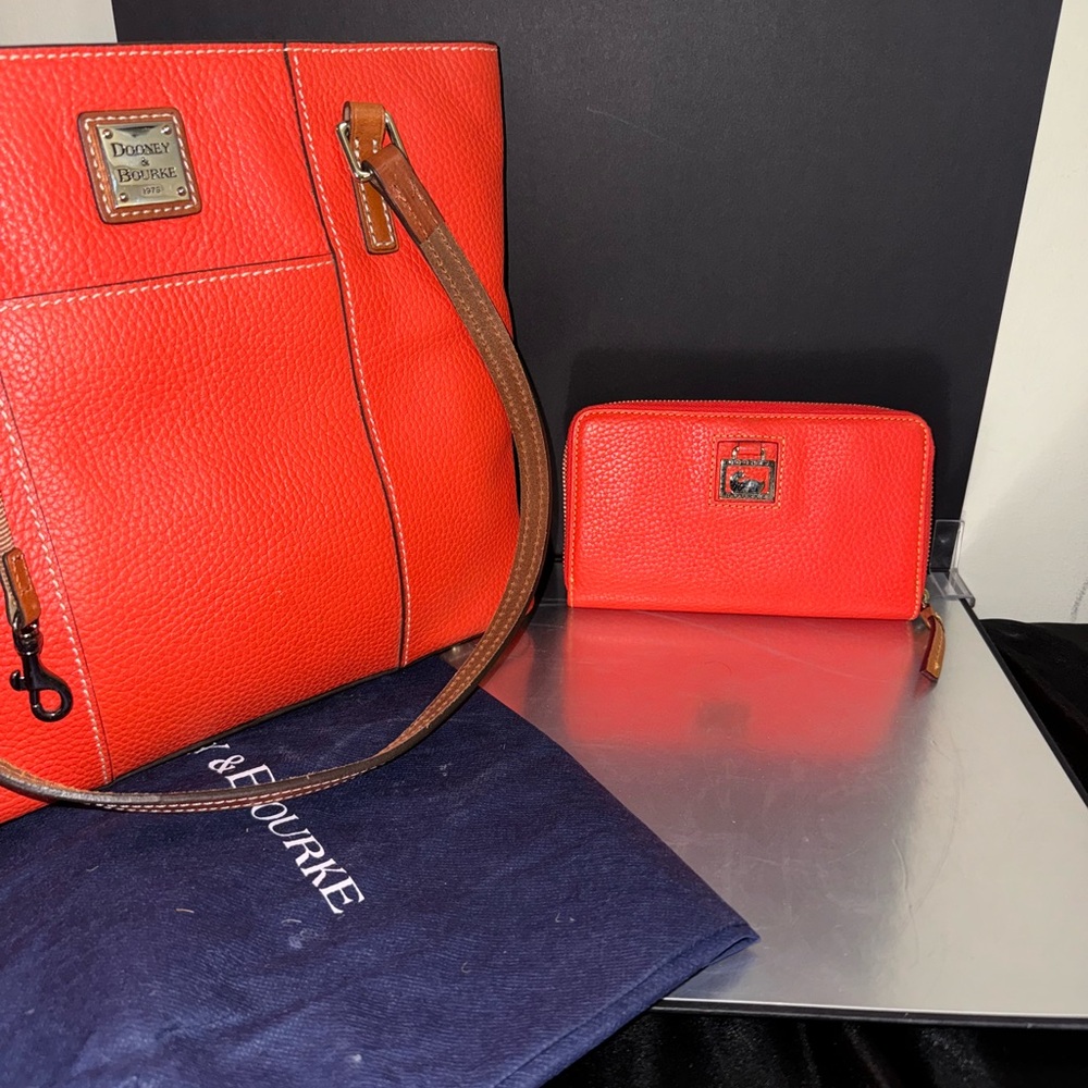 Dooney & Bourke Pebble Grain Orange Tote and Wallet Set